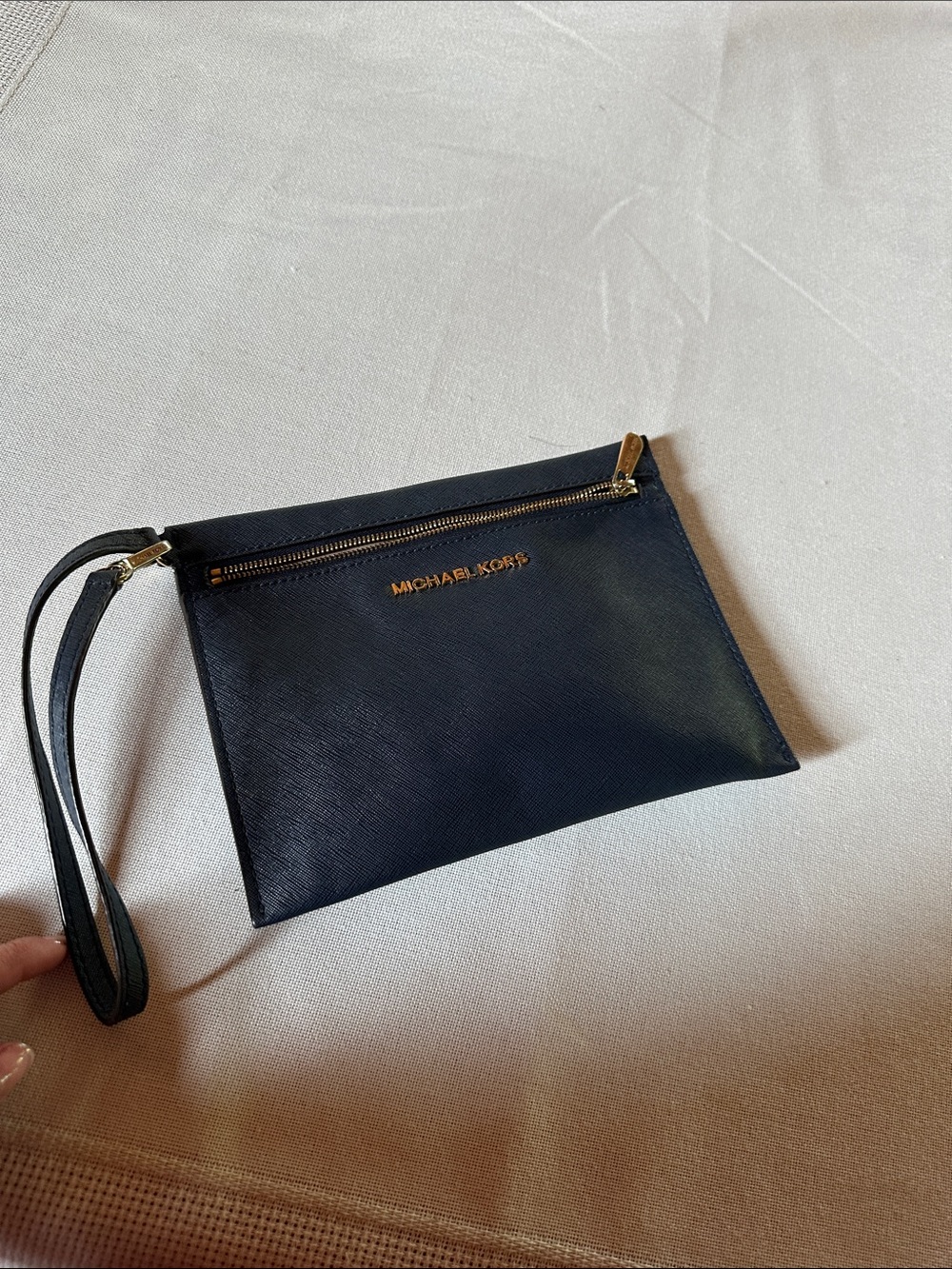 Michael Kors Navy Leather Wristlet Clutch with Gold Hardware